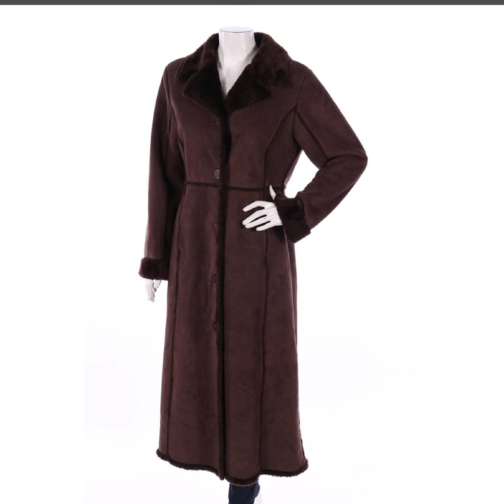 Anne Klein Chocolate Brown Faux Fur Trim Shearling Ranch Trench Duster Coat XL
